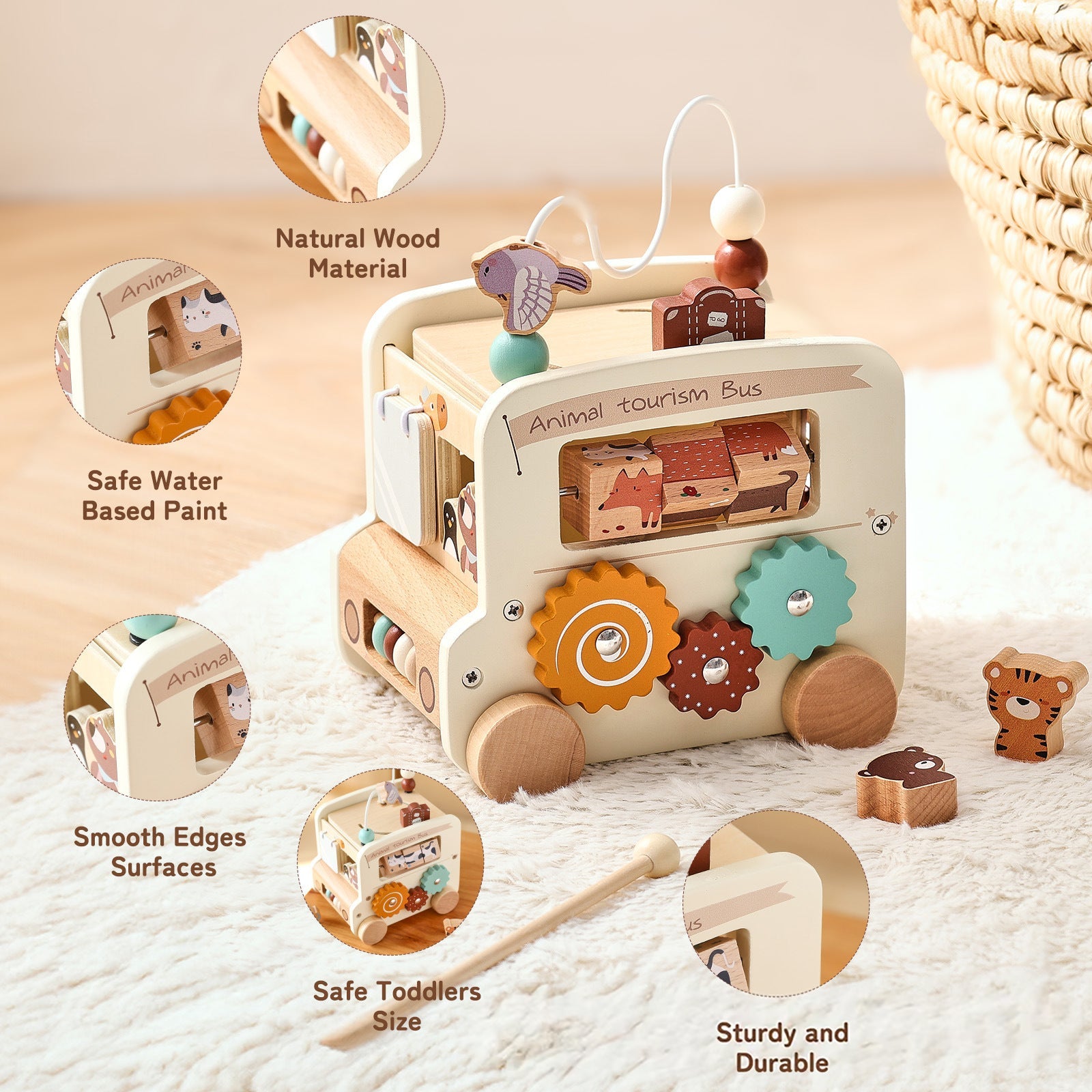 Wooden toy bus with educational elements on a soft surface, featuring natural wood material and safe water-based paint.