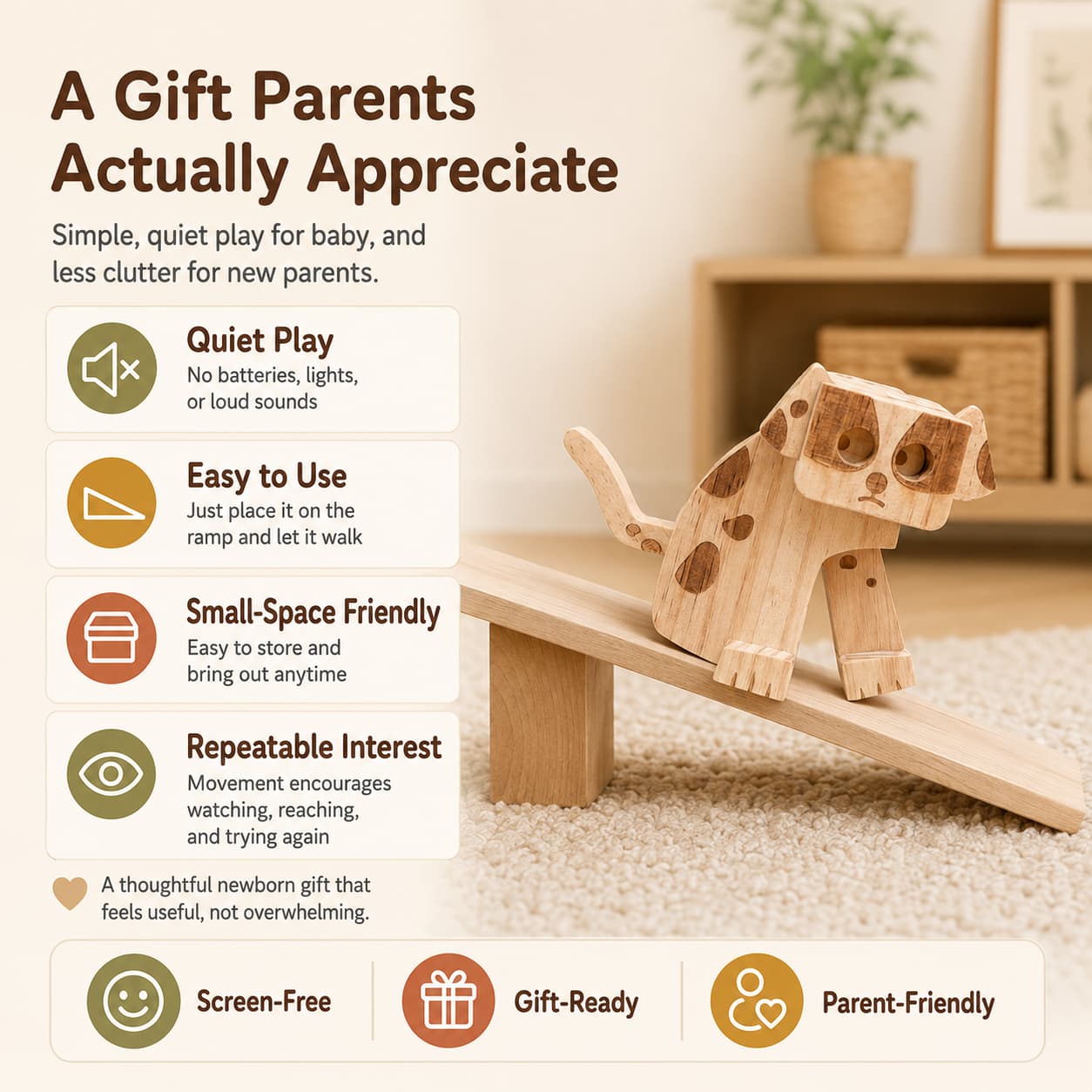 A wooden puppy ramp walker toy on an incline, detailed as a quiet play alternative with no batteries, lights, or loud sounds, perfect for small-space homes.
