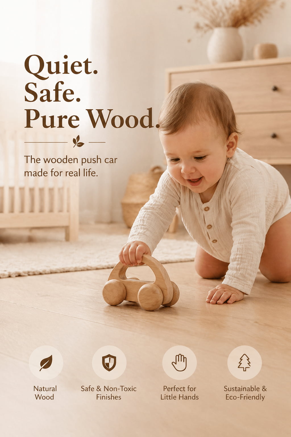Baby playing with a quiet wooden push car toy on hardwood floor, 100% natural beech wood, non-toxic, safe for babies 6 to 12 months