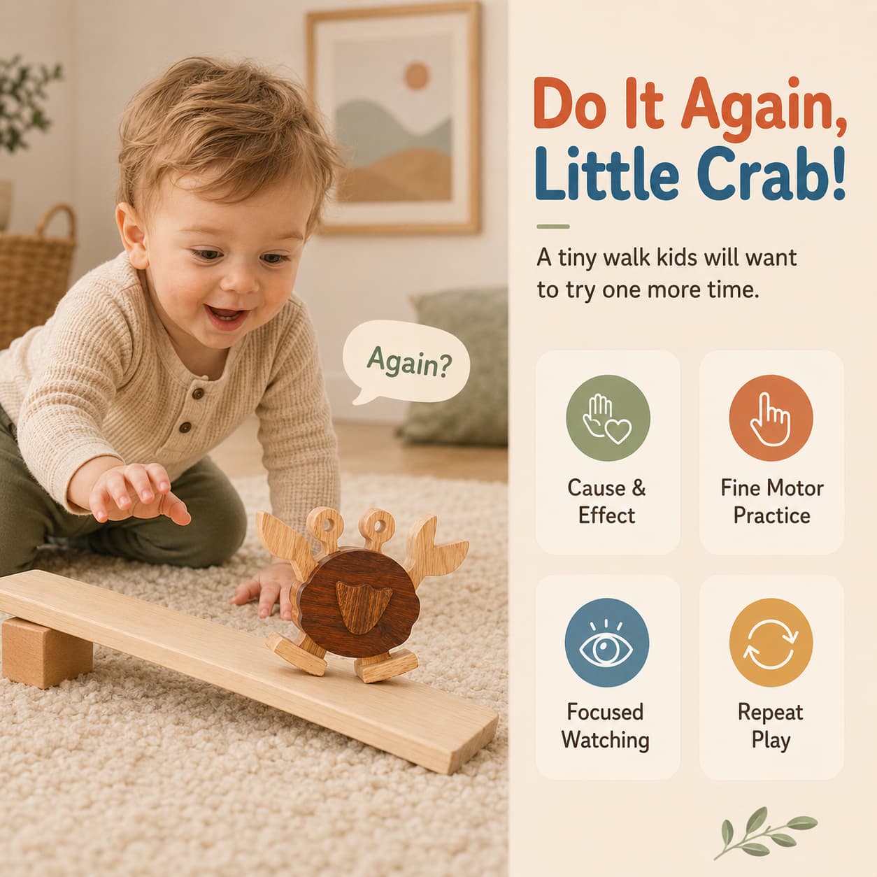 A happy toddler playing with a wooden crab ramp walker toy, illustrating Montessori developmental benefits like fine motor practice and cause and effect.
