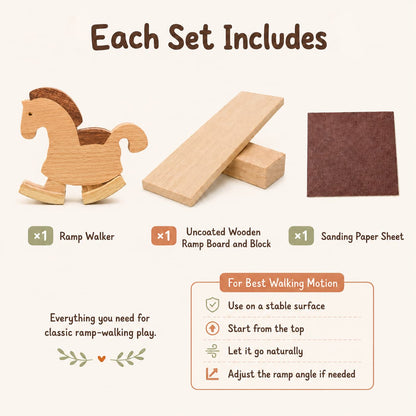 An infograhpic shows a full horse ramp walker toy set includes