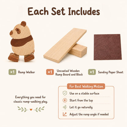 An infographic titled 'Each Set Includes' showing the contents of a wooden toy set: a small Ramp Walker figure, an uncoated wooden ramp block set, and a sanding paper sheet, with usage tips on a light beige background.