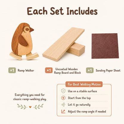 An infographic detailing the contents of a wooden toy set, featuring a natural wood rocking penguin, an uncoated wooden ramp block set, a sheet of brown sanding paper, and instructions on how to use the toy.