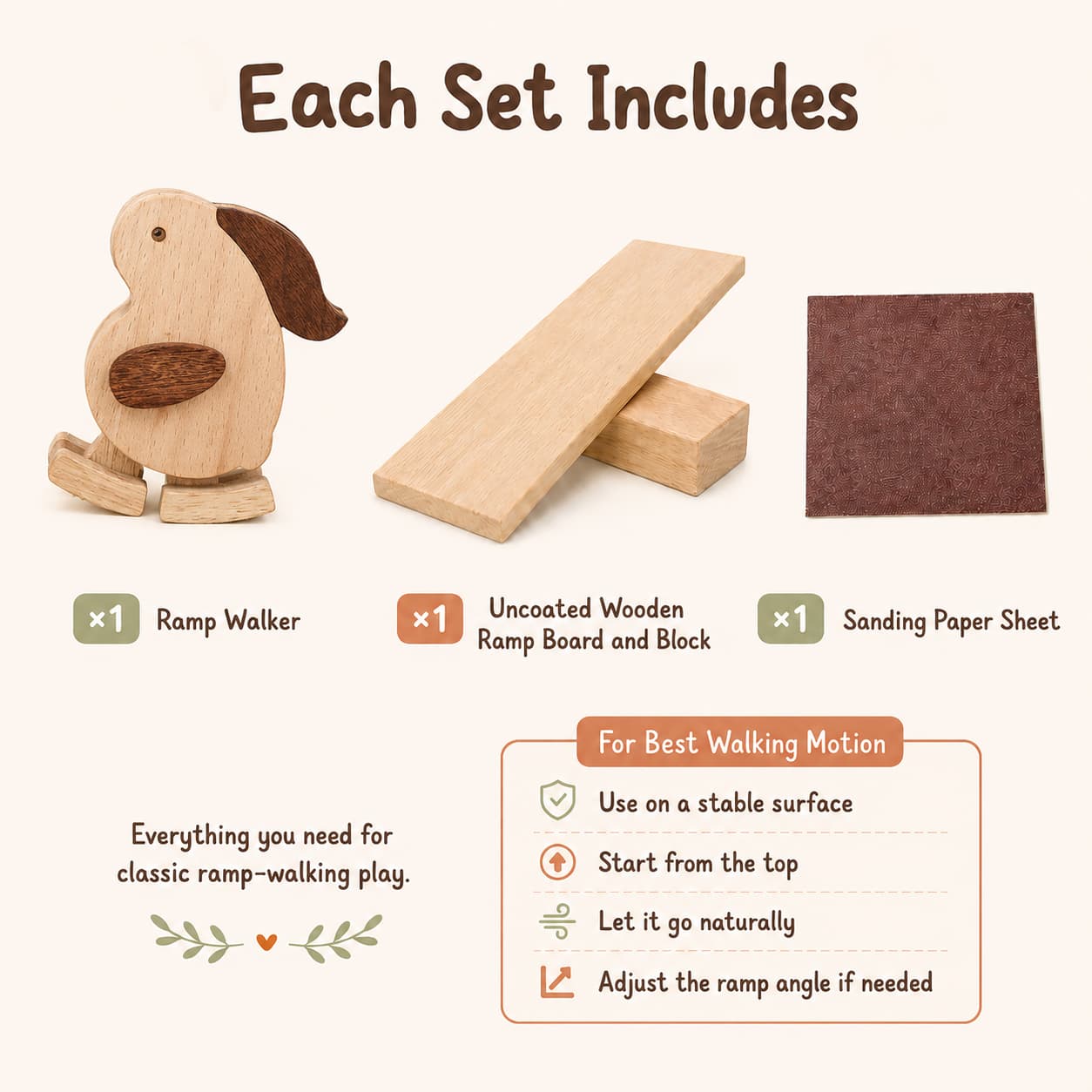 Ramp walker toy set in natural wood, including a handmade walking rabbit, uncoated wooden ramp board, support block, and sandpaper sheet for classic ramp-walking play.