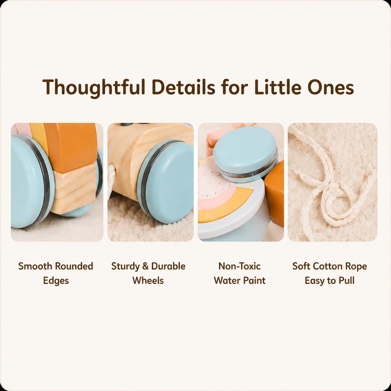 A safety infographic for a Montessori wooden pull-along toy highlighting toddler-friendly features: smooth rounded edges, sturdy durable wheels, non-toxic water paint, and a soft cotton rope for easy pulling.