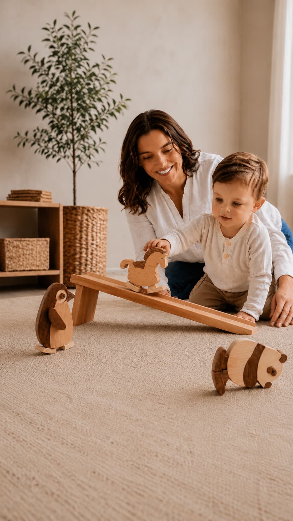Toddler enjoying screen-free wooden ramp walker toys with a parent in a warm playroom setting.