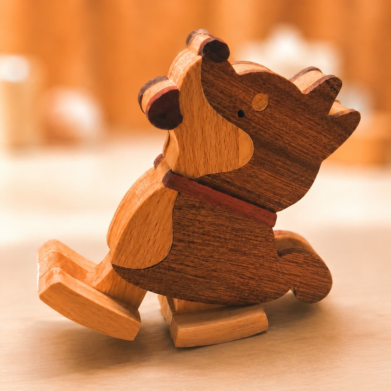 Opposite side view of a wooden Shiba Inu ramp walking toy with smooth natural wood details.