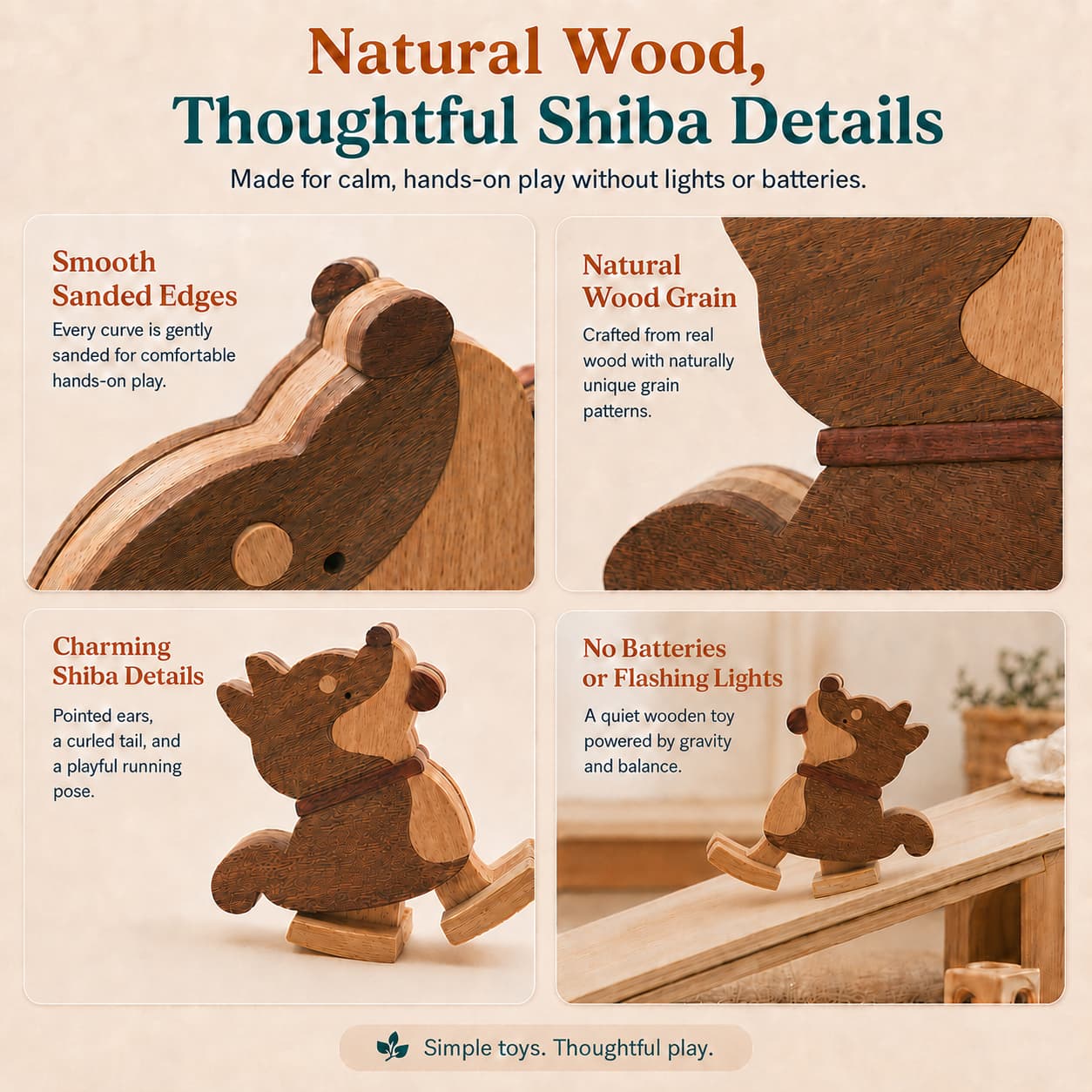 Feature guide for the wooden Shiba Inu ramp walker, showing smooth sanded edges, natural wood grain, a curled tail, and quiet gravity-powered play without batteries or flashing lights.