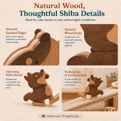 Feature guide for the wooden Shiba Inu ramp walker, showing smooth sanded edges, natural wood grain, a curled tail, and quiet gravity-powered play without batteries or flashing lights.