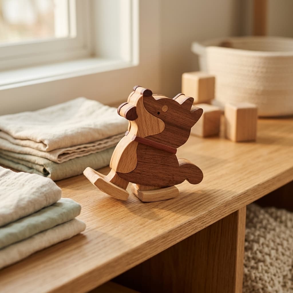 Wooden Shiba Inu ramp walker toy on a sunlit table, made for screen-free toddler play.
