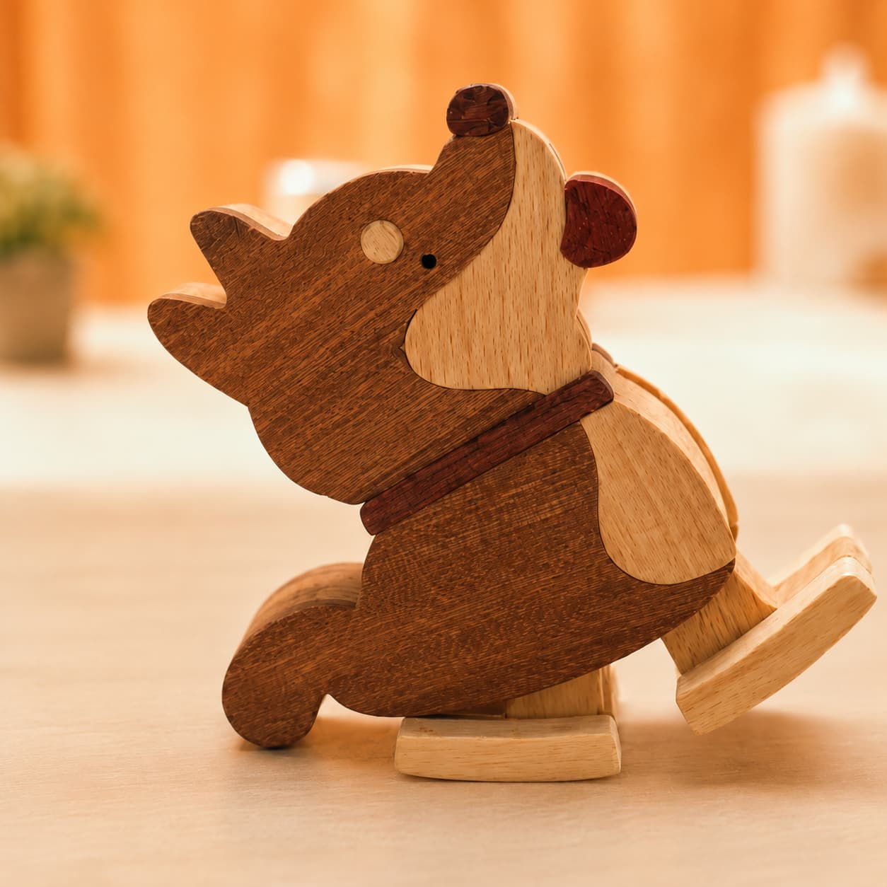 Side profile of a wooden Shiba Inu ramp walker toy for toddlers.