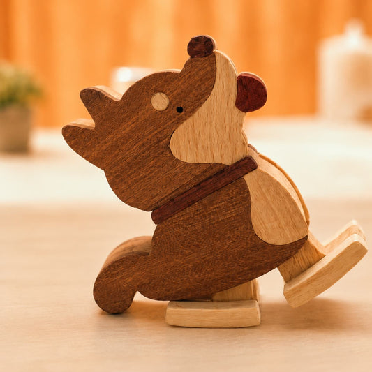 Side profile of a wooden Shiba Inu ramp walker toy for toddlers.