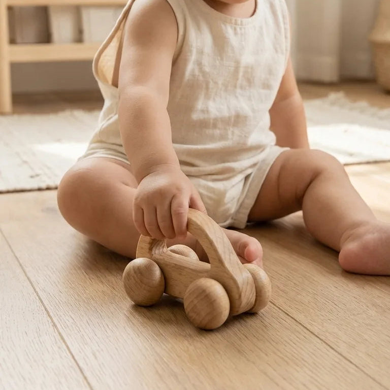 Child playing with a wooden toy on a wooden floor