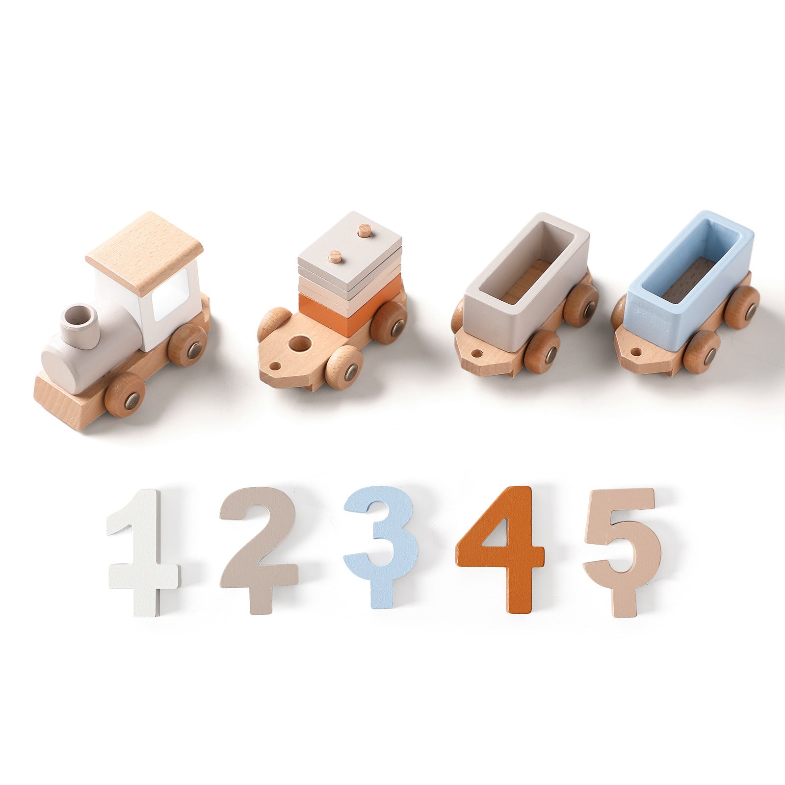Montessori wooden toy train with number blocks, sustainable educational toy for kids