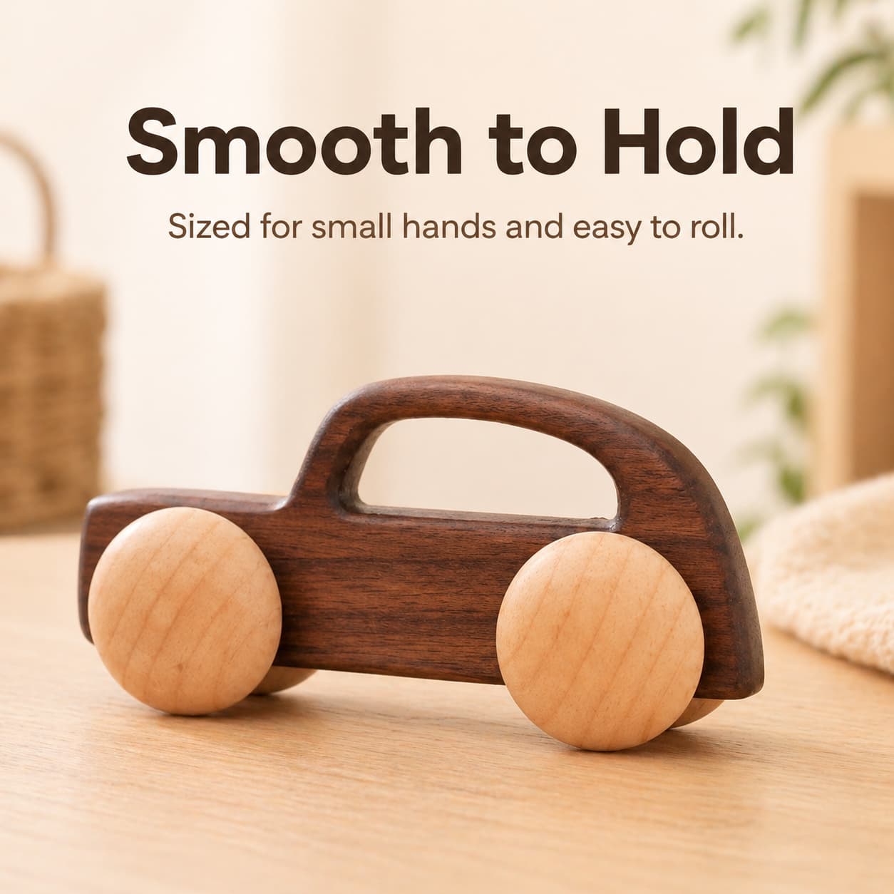 A handcrafted smooth walnut wooden toy car designed for baby's small hands, featuring an easy-to-roll minimalist design to develop fine motor skills and grasping.