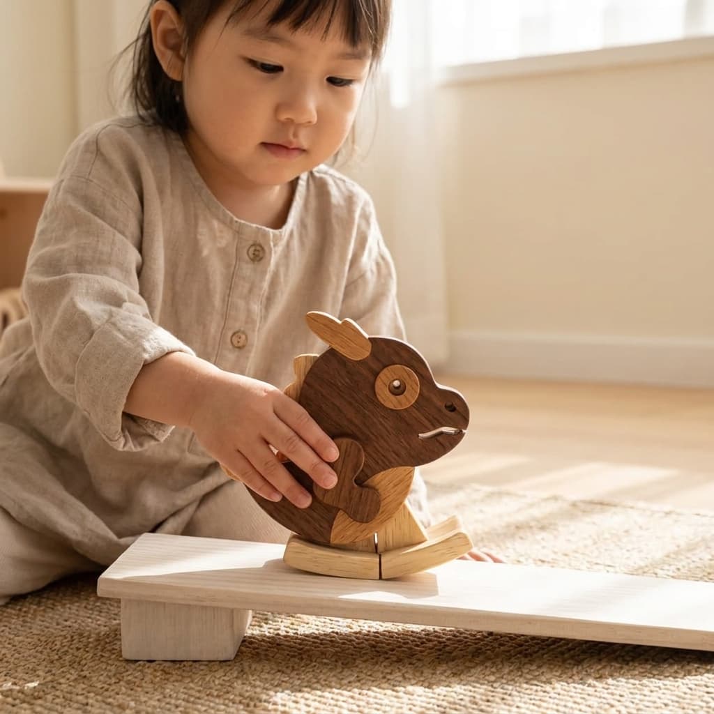 Natural wooden dragon ramp walker toy made from sustainable hardwoods like black walnut, promoting screen-free play and early childhood development.