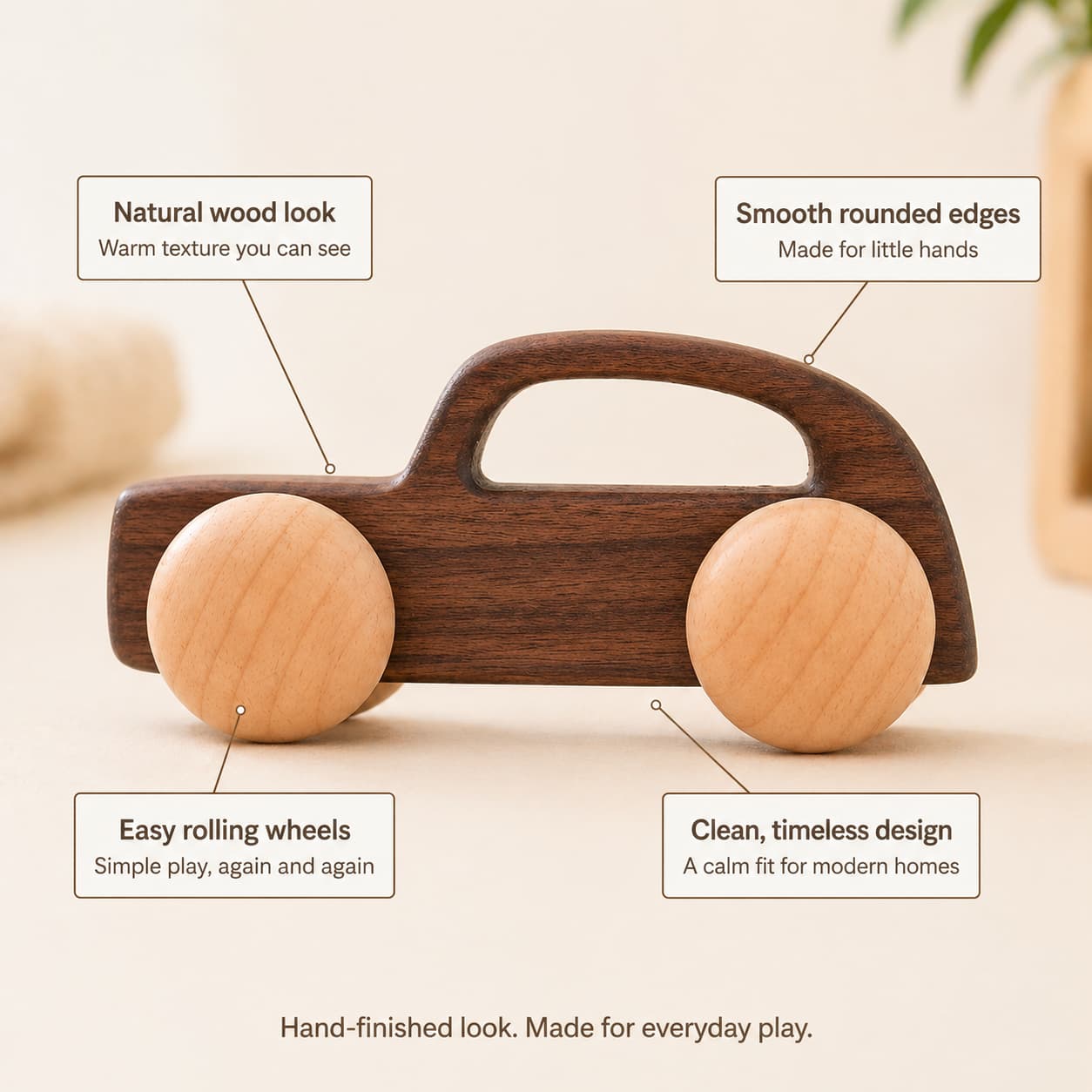 Infographic of a handmade walnut wooden toy car highlighting key features: smooth rounded edges for safety, natural wood grain texture, easy-rolling wheels, and a minimalist design for modern nurseries.