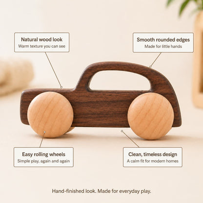 Infographic of a handmade walnut wooden toy car highlighting key features: smooth rounded edges for safety, natural wood grain texture, easy-rolling wheels, and a minimalist design for modern nurseries.