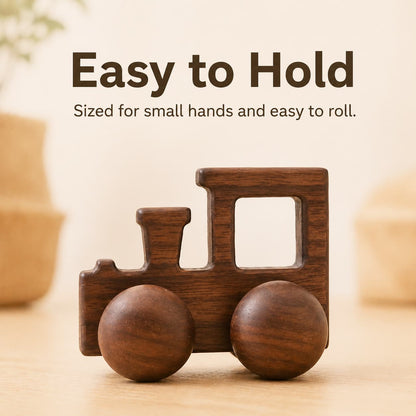 Handcrafted walnut wooden train toy with an easy-to-grip design for small hands, ideal for Montessori-style fine motor skill development and sensory play.