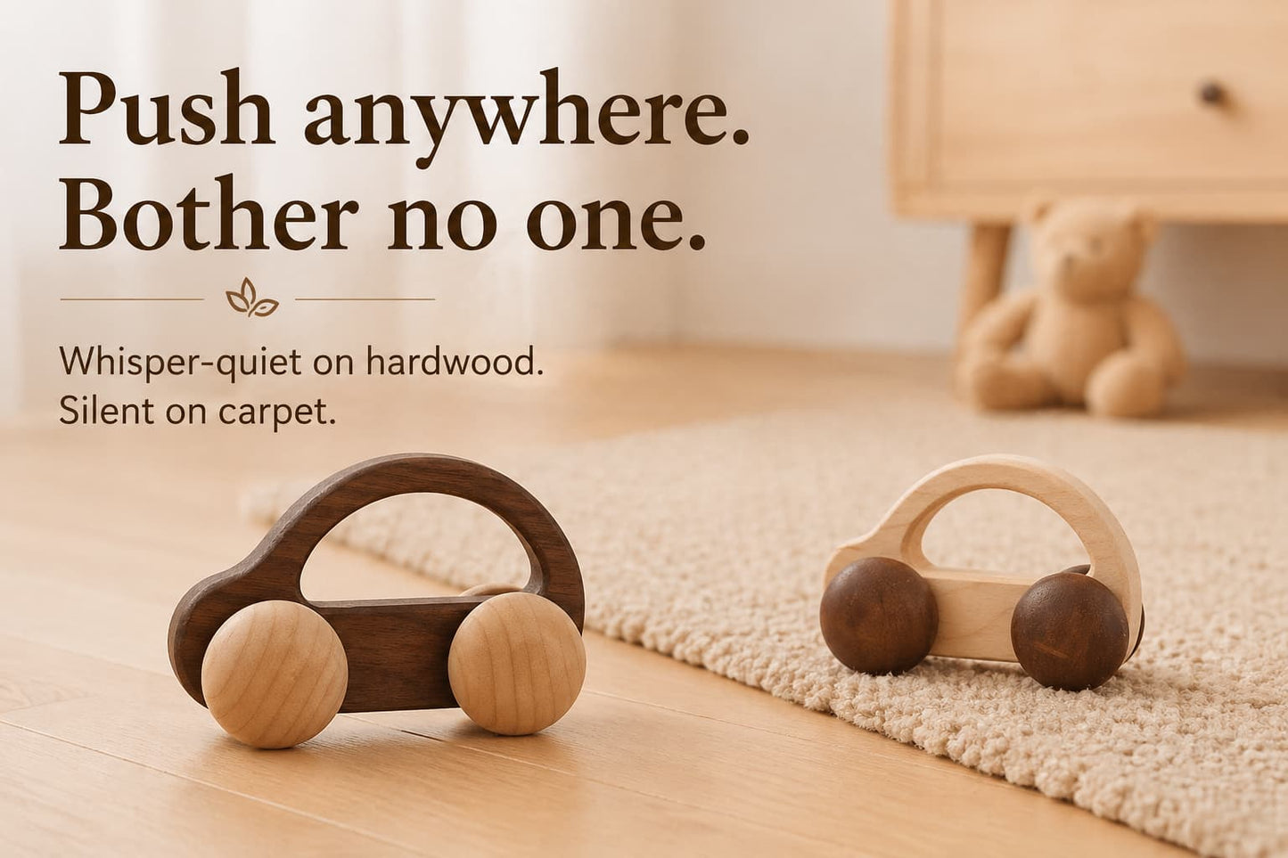 Whisper-quiet wooden push car toy for babies, silent on carpet, gentle on hardwood floors, perfect for restaurants, cafes, and public spaces