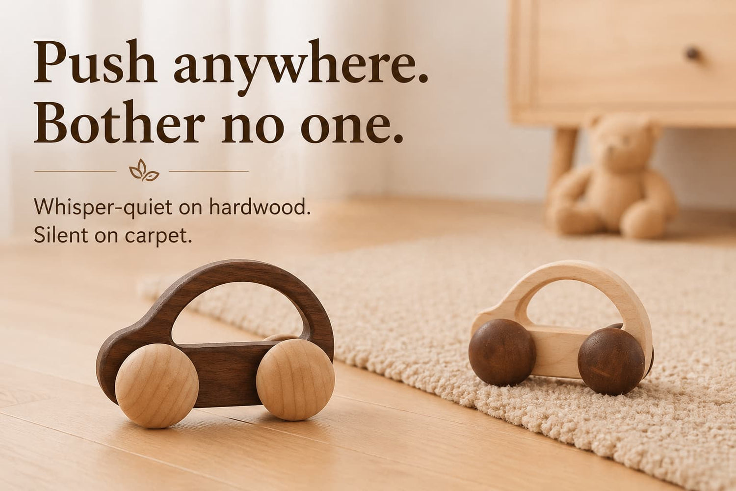 Whisper-quiet wooden push car toy for babies, silent on carpet, gentle on hardwood floors, perfect for restaurants, cafes, and public spaces
