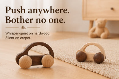 Whisper-quiet wooden push car toy for babies, silent on carpet, gentle on hardwood floors, perfect for restaurants, cafes, and public spaces