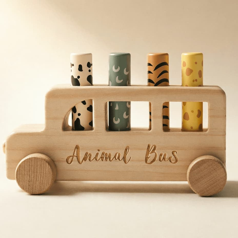 wooden pop-up animal bus toy in gift packaging, first birthday gift for baby
