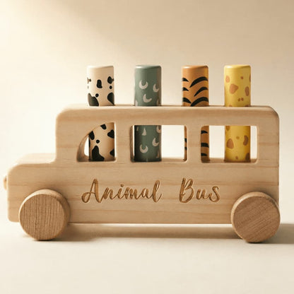 wooden pop-up animal bus toy in gift packaging, first birthday gift for baby