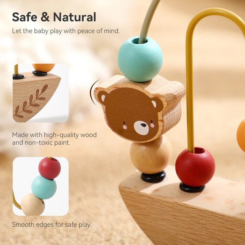 Wooden baby toy with colorful beads and a bear face design, labeled as safe and natural.