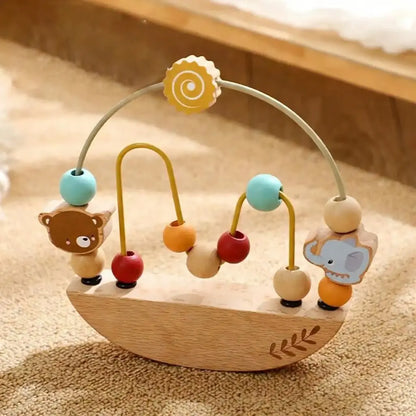 Wooden bead maze toy with colorful beads on curved beechwood tracks, a fine motor sensory toy for babies