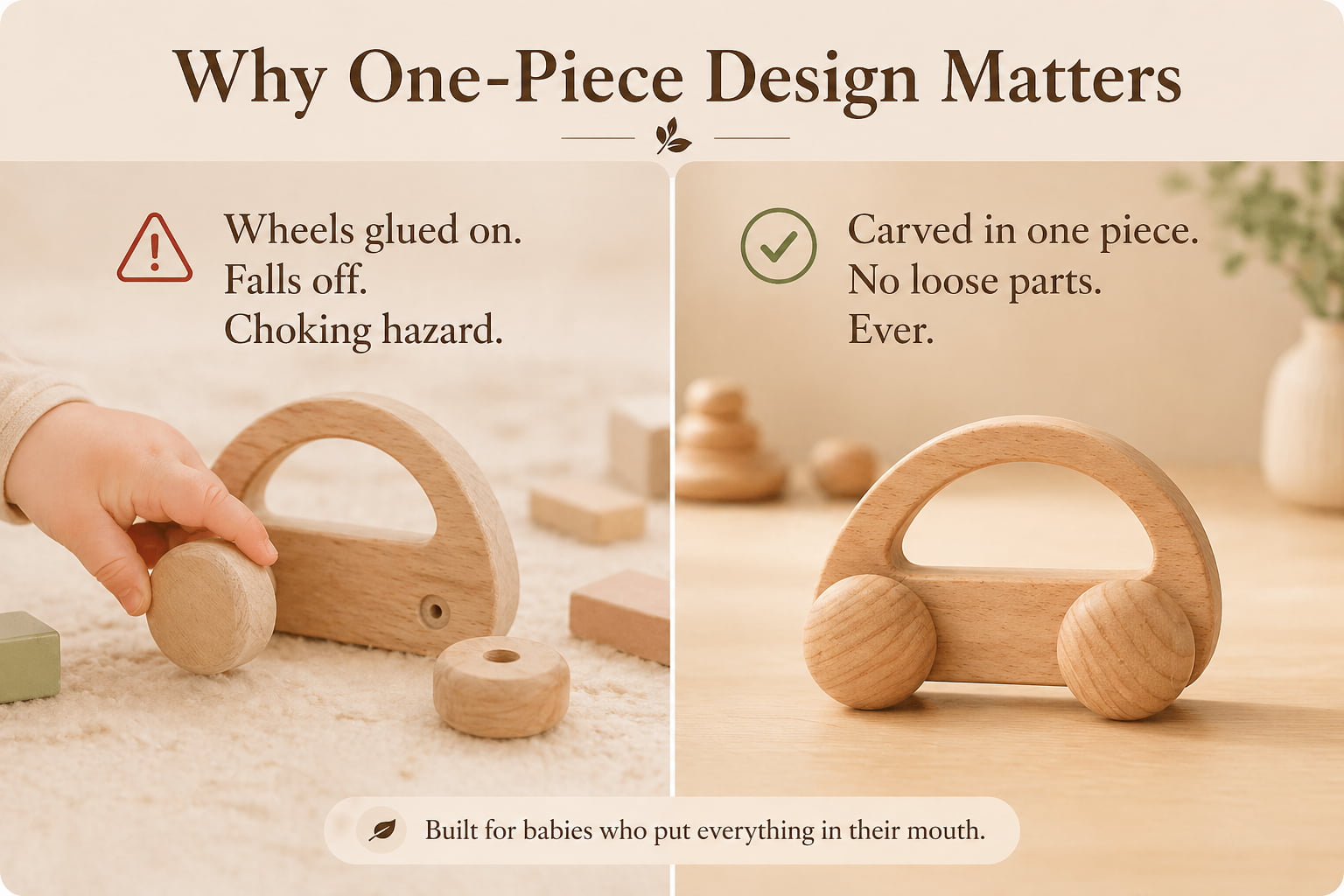 Comparison showing wooden toy car wheels glued on versus one-piece carved wheels, no choking hazard, no loose parts, safe for infants and toddlers.