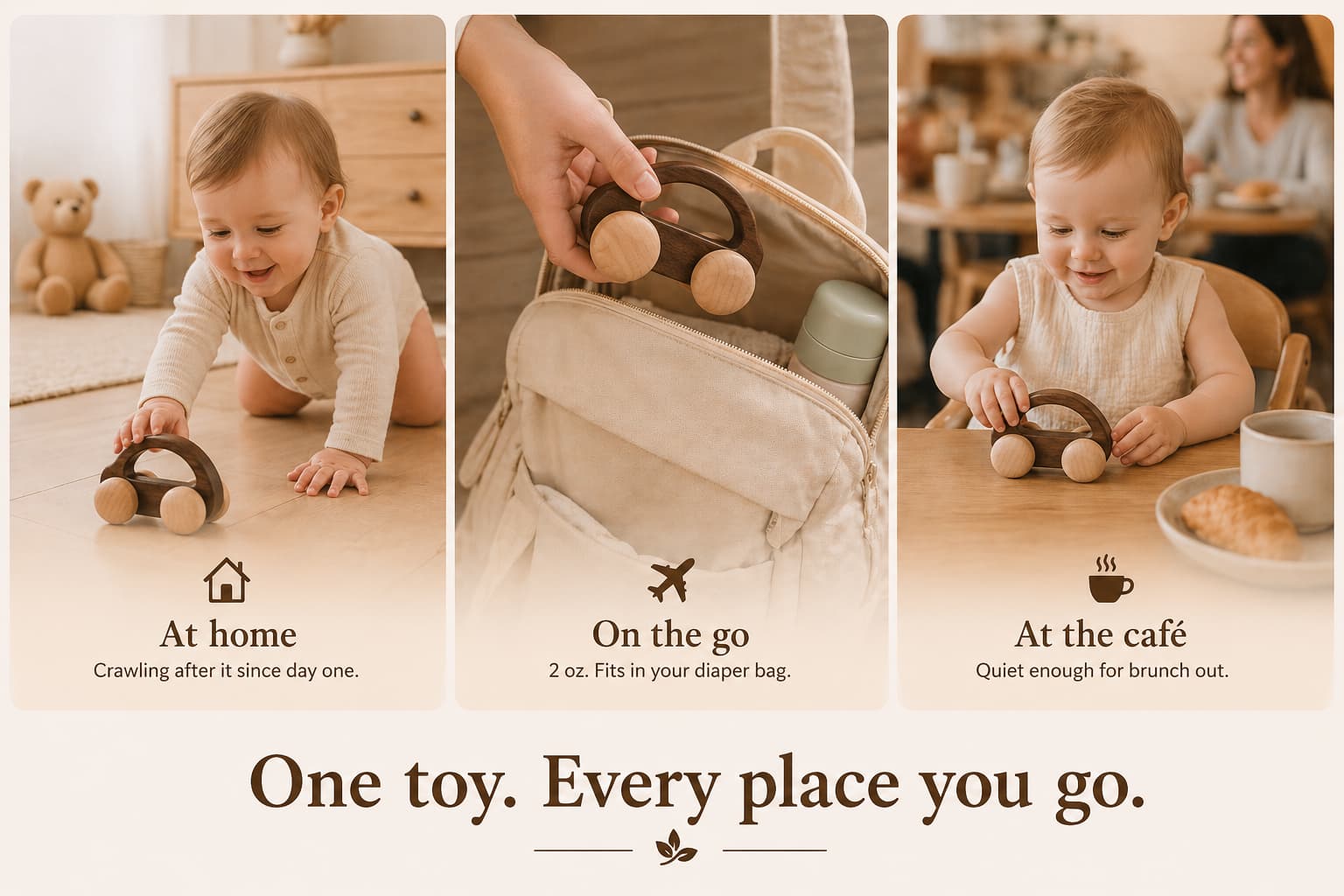Portable wooden push car toy for babies which fits in a diaper bag, ideal for travel, home play, and on-the-go Montessori sensory play for 6 to 12 months
