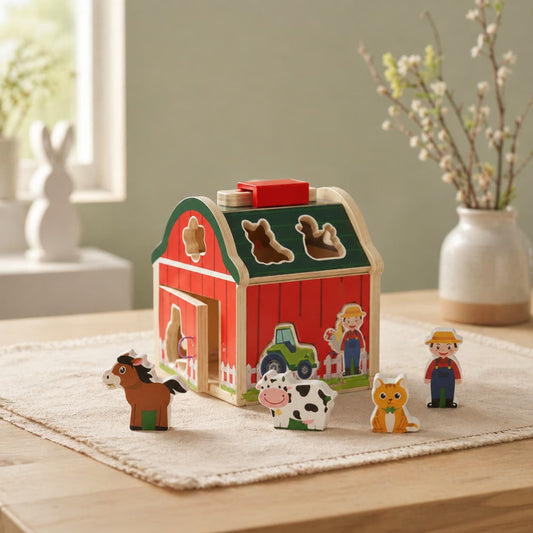 A Montessori red wooden barn shape sorter toy featuring wooden farm animal figures and a farmer, ideal for developing toddler fine motor skills, animal recognition, and creative open-ended play.
