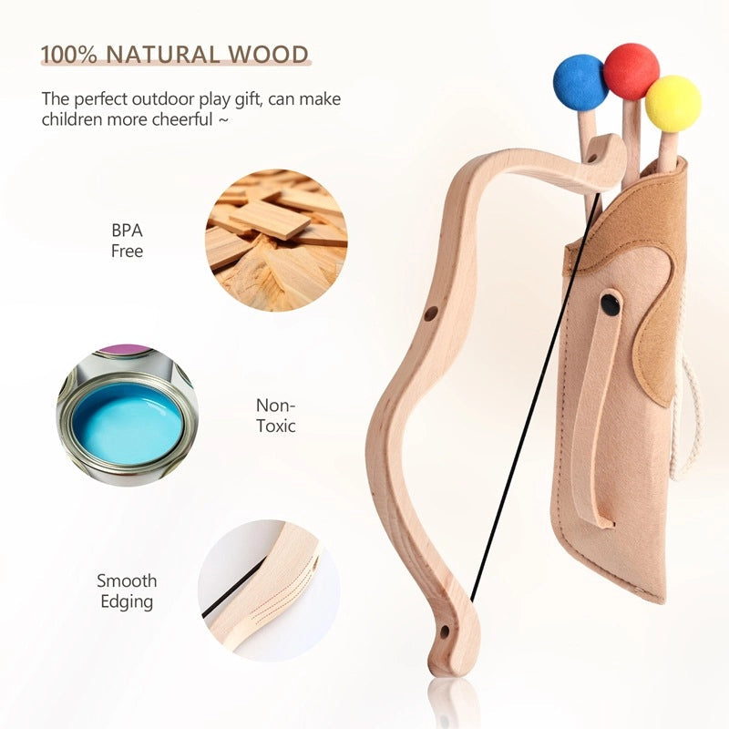 Wooden bow and arrow set with colorful nocks on a white background, featuring text about natural wood and safety features.