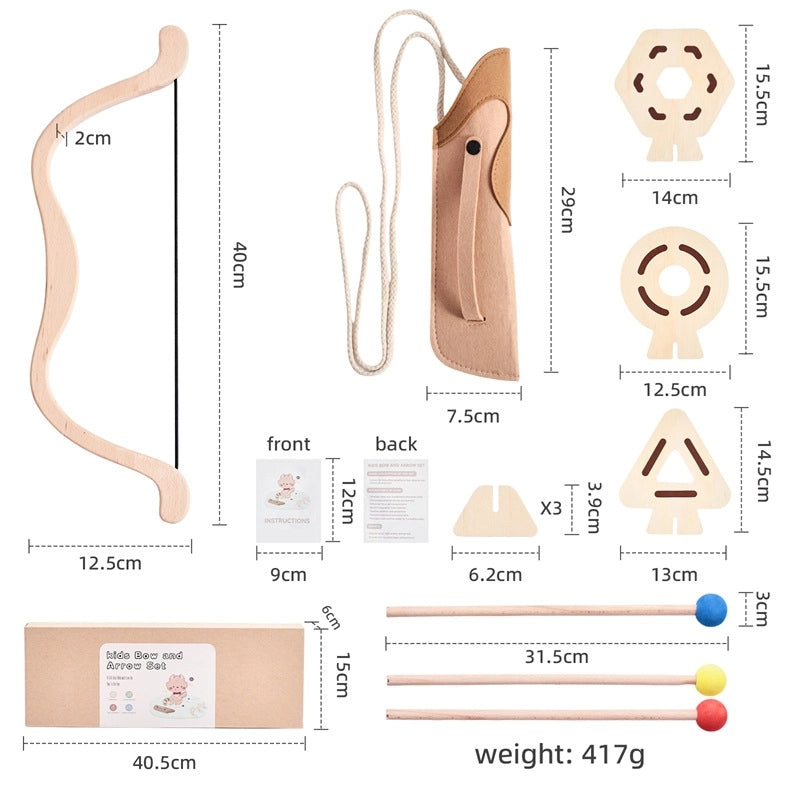 Wooden archery set with measurements on a white background