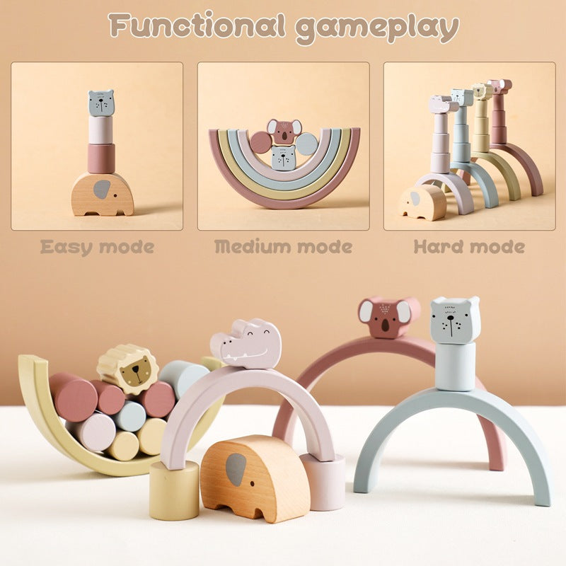 Set of wooden toys with different modes on a beige background
