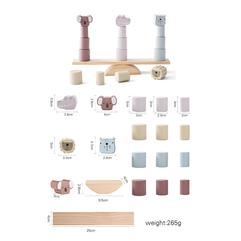 Wooden balance toy with animal figures and measurements on a white background