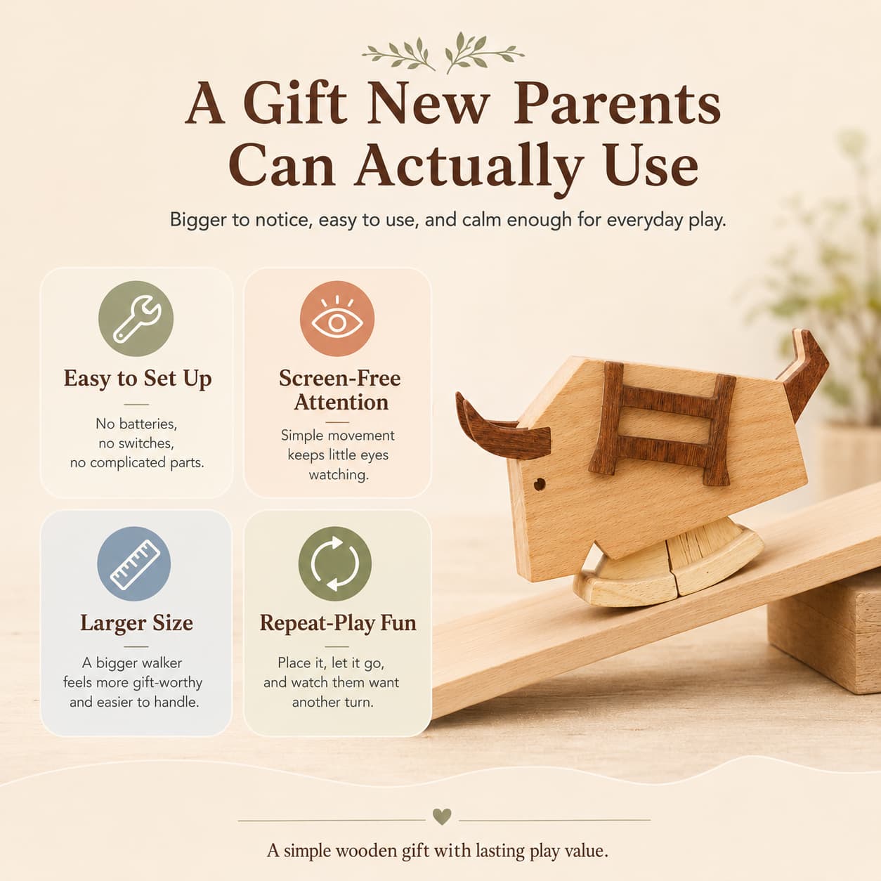 An infographic illustrating the benefits of a larger size wooden bull ramp walker toy, explaining why it is easy to set up and great for repeat-play fun.