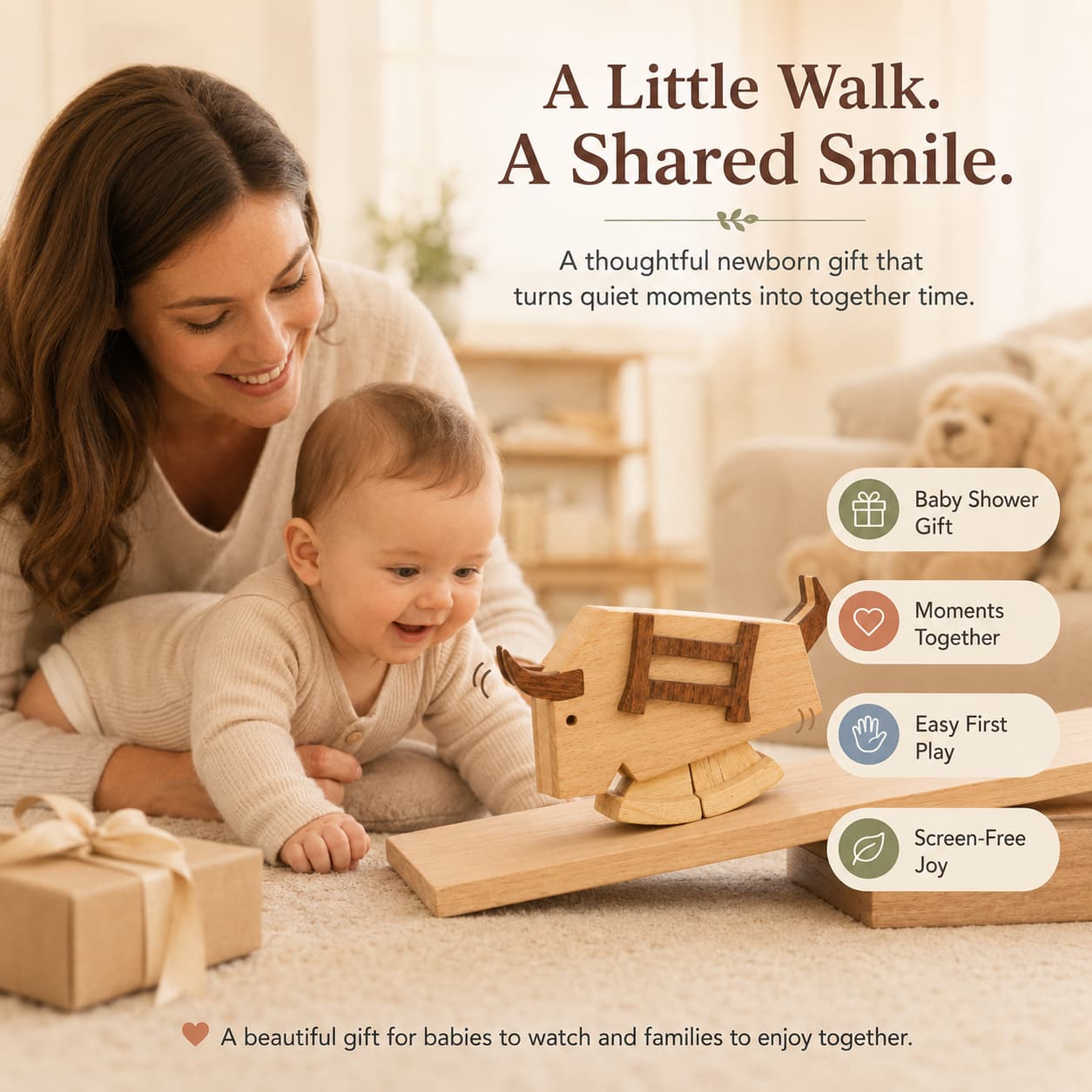 A mother and her baby looking at a large wooden bull ramp walker toy on a slope, highlighting it as a thoughtful baby shower gift for quality family moments.