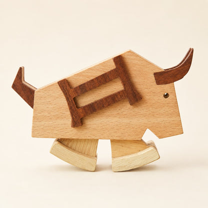 A wooden toy bull ramp walking toy made from light and dark wood pieces, shown on a plain beige background.