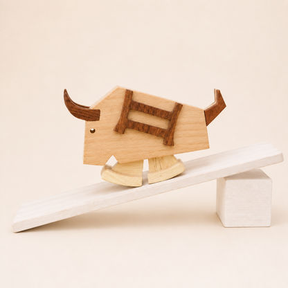 Handmade wooden bull ramp walker toy with dark wood horns and ladder detail, walking down a gently sloped wooden ramp.
