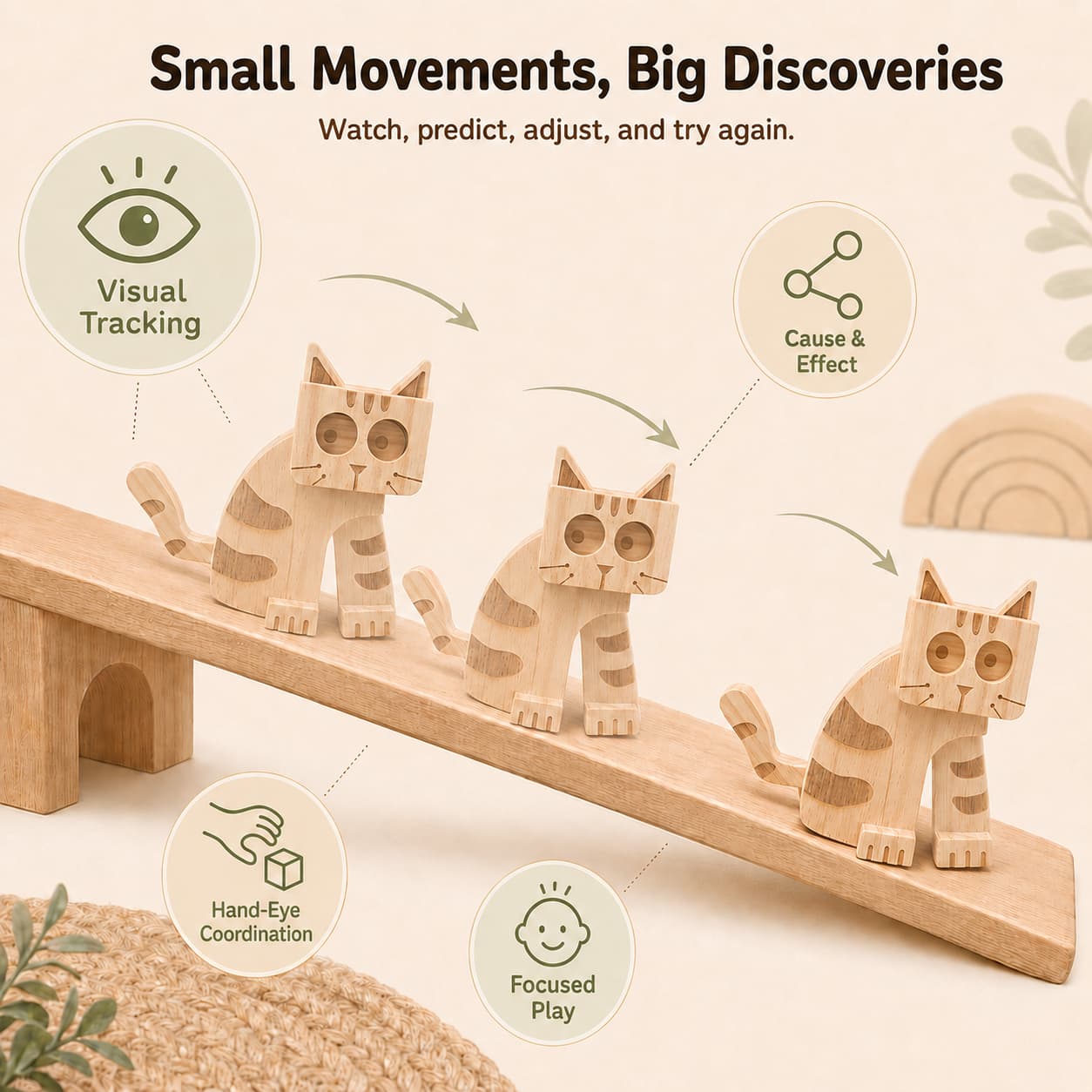 Wooden cat ramp walker toy moving down a sloped ramp, showing visual tracking, cause and effect, hand-eye coordination, and focused screen-free play.