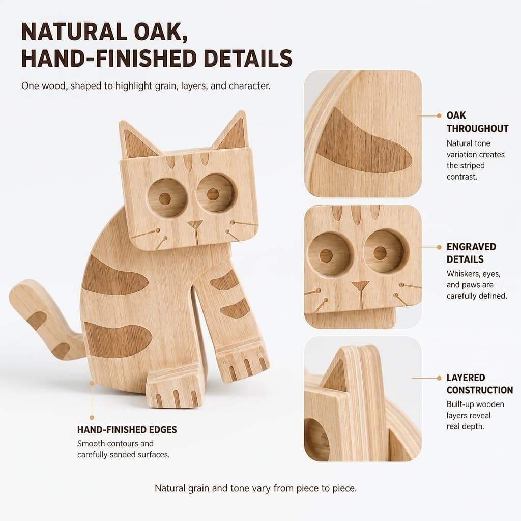 Close-up details of a wooden cat ramp walker showing natural grain, engraved features and smooth hand-finished edges.