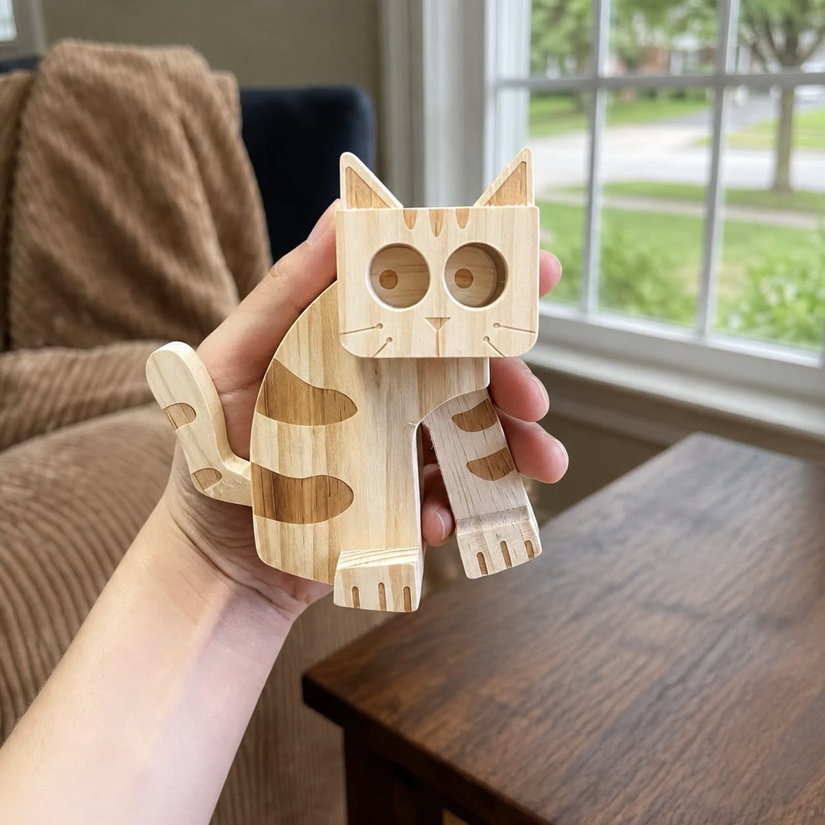 Hand holding a wooden cat ramp walker toy indoors to show its size and natural wood details.