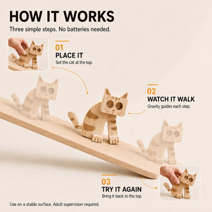 Three-step guide showing how to place, watch and reset a wooden cat ramp walker as it moves down a slope by gravity.