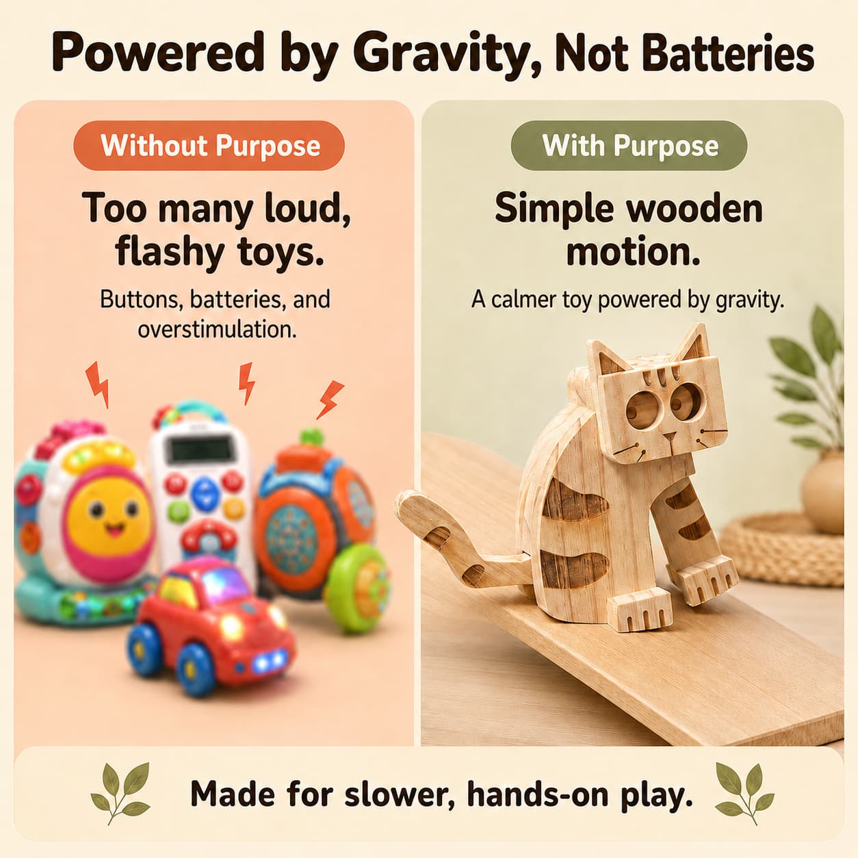 Wooden cat ramp walker toy powered by gravity, shown as a calm screen-free alternative to loud battery-powered plastic toys.