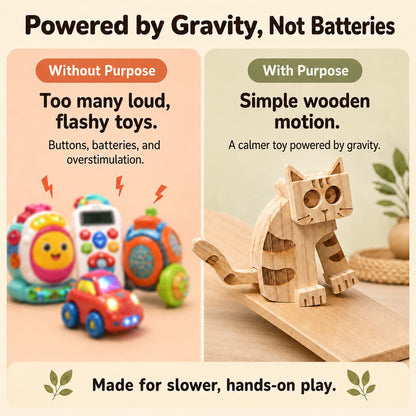 Wooden cat ramp walker toy powered by gravity, shown as a calm screen-free alternative to loud battery-powered plastic toys.