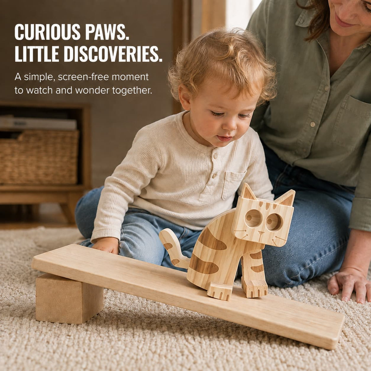 Toddler watching a wooden cat ramp walker move down a wooden ramp with an adult nearby.