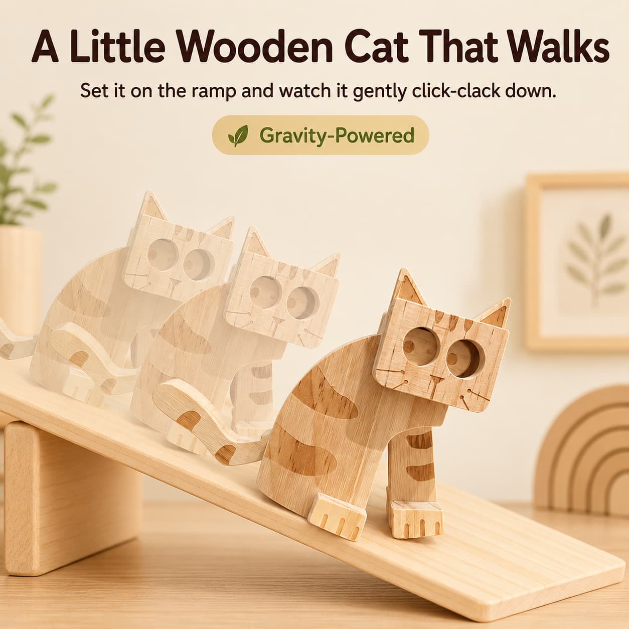 Wooden cat ramp walker toy moving down a sloped ramp with gravity-powered motion for screen-free toddler play.