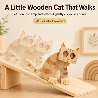 Wooden cat ramp walker toy moving down a sloped ramp with gravity-powered motion for screen-free toddler play.